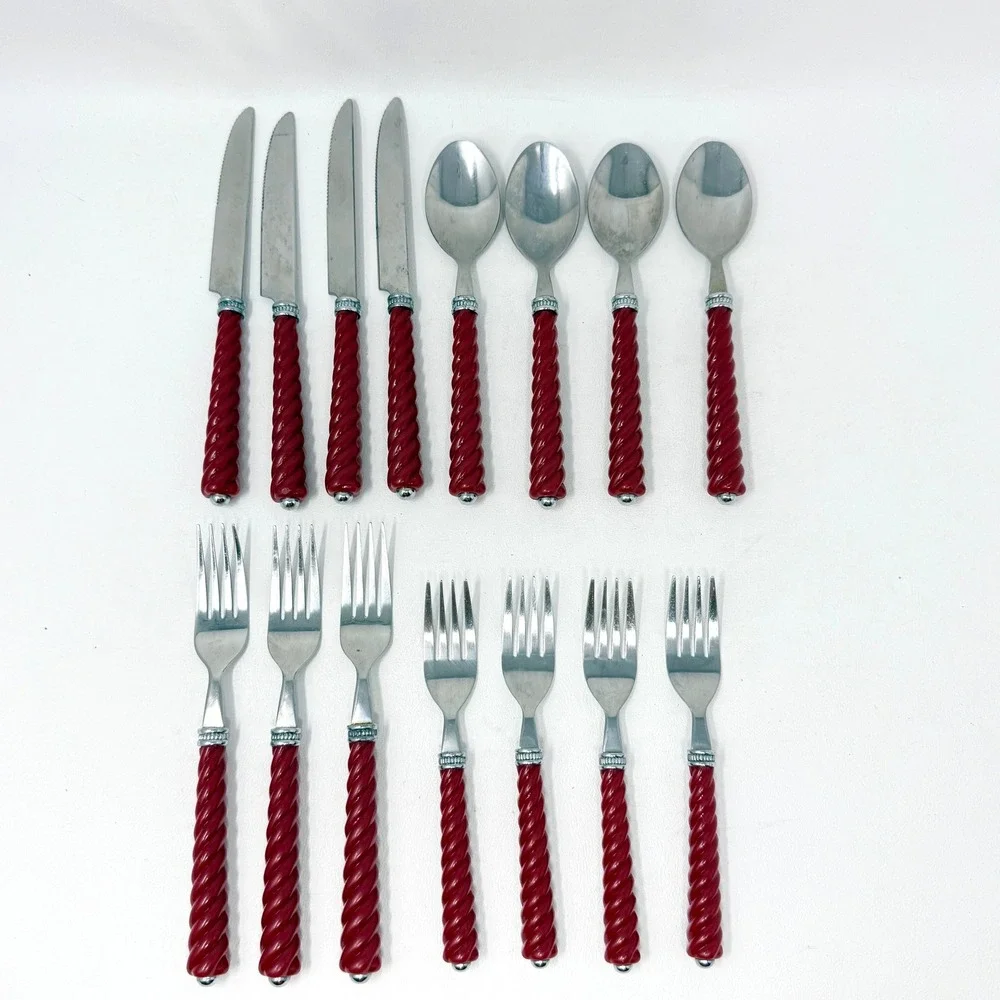 Gibson Sangria Rope Flatware Set‎ 15pc Red Twisted Handle Stainless Steel China